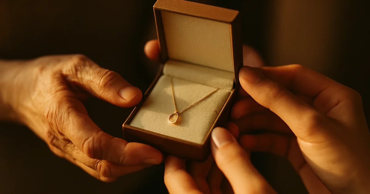 Two hands exchanging a jewellery gift box with a delicate necklace inside, warm golden light