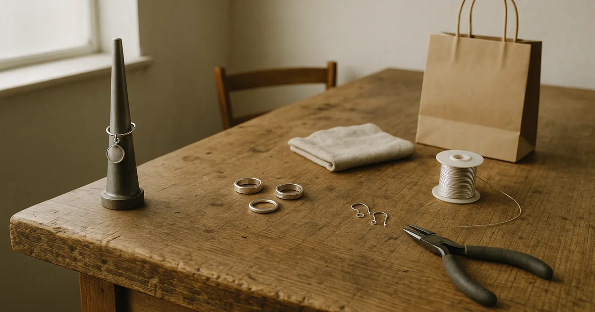 Independent jewellery studio workbench with handcrafted pieces and gift packaging, warm natural light