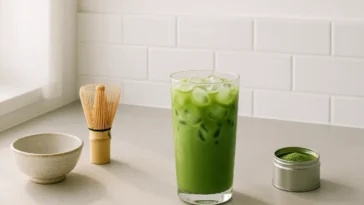 Kaip pereiti prie matcha — šaltas matcha latte stiklinėje su bambukiniu plaktuvu ir matcha milteliais ant balto stalo