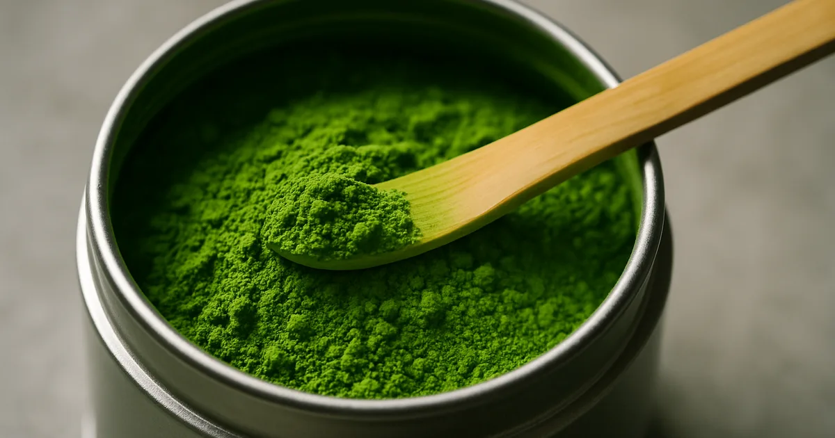 Aukštos kokybės ceremoninis matcha milteliai atvirame indelyje — ryški žalia spalva ir švelni šilkinė tekstūra