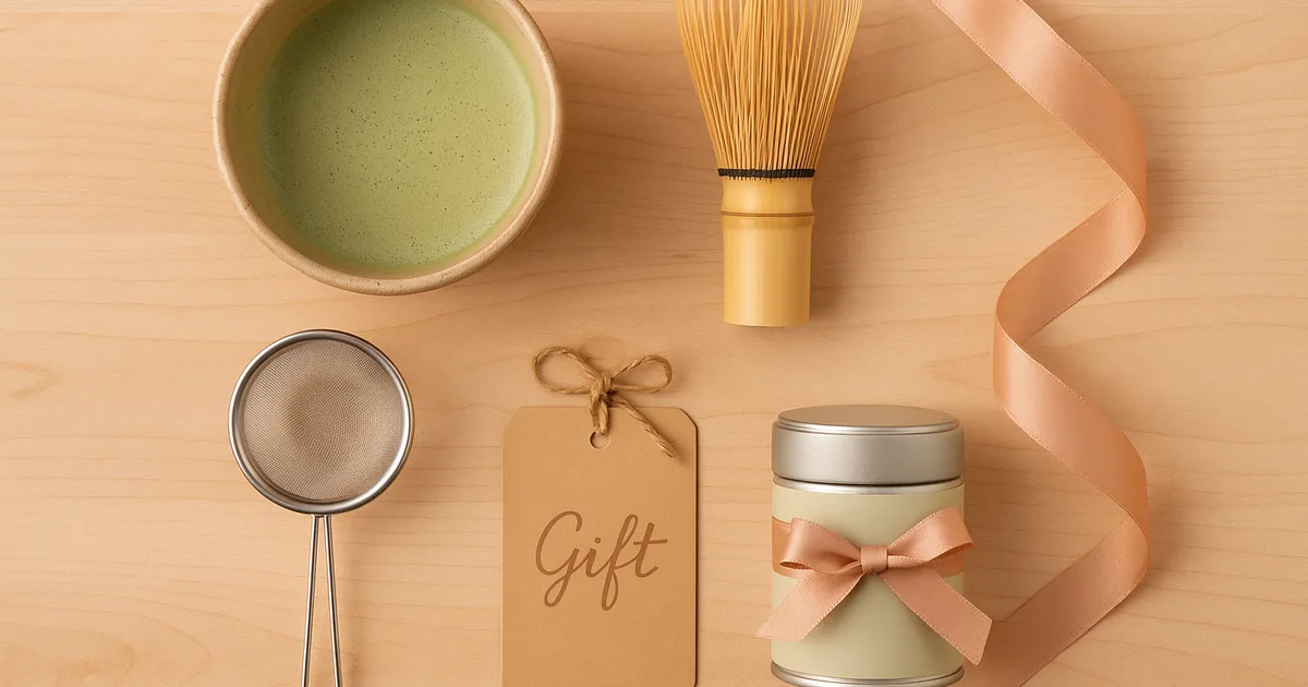 Matcha dovanų rinkinio kompozicija su keraminiu dubeniu, bambukiniu plaktuvu ir kaspinu papuoštu matcha indeliu ant medinio paviršiaus