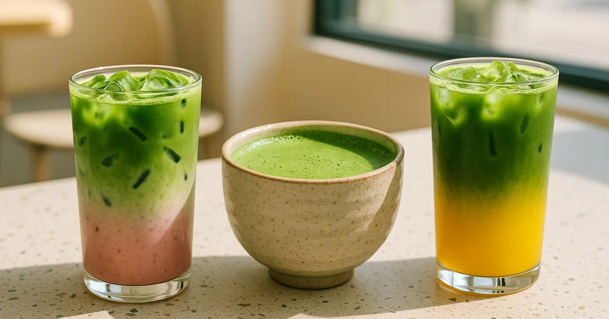 Trys matcha gėrimų variacijos — šaltas braškių matcha latte, plaktas matcha dubenyje ir šaltas mango matcha gėrimas