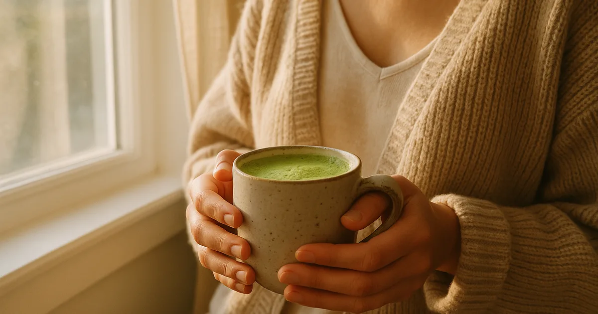 Žmogus laiko keraminį puodelį su putotu matcha latte prie šviesaus lango — kaip pereiti prie matcha kasdienio įpročio