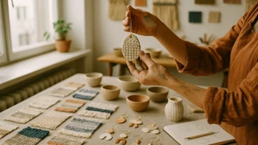 Vietinis dizainerius apžiūri rankų darbo dirbinį saulėtoje studijoje, apsuptoje unikalių rankų darbo gaminių