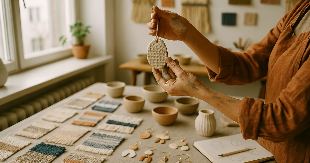Vietinis dizainerius apžiūri rankų darbo dirbinį saulėtoje studijoje, apsuptoje unikalių rankų darbo gaminių