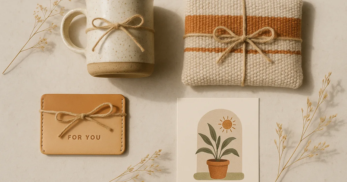 Atrinktos rankų darbo dovanos iš vietinių dizainerių ir kūrėjų — keramika, tekstilė ir odiniai gaminiai — sudėliotos ant akmens paviršiaus