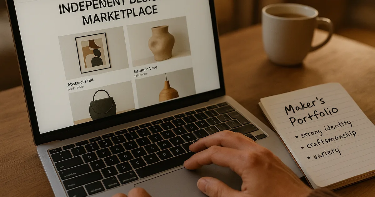 Pirkėjas peržiūri vietinio dizainerio portfolio internete ir daro užrašus prieš įsigydamas rankų darbo dovaną