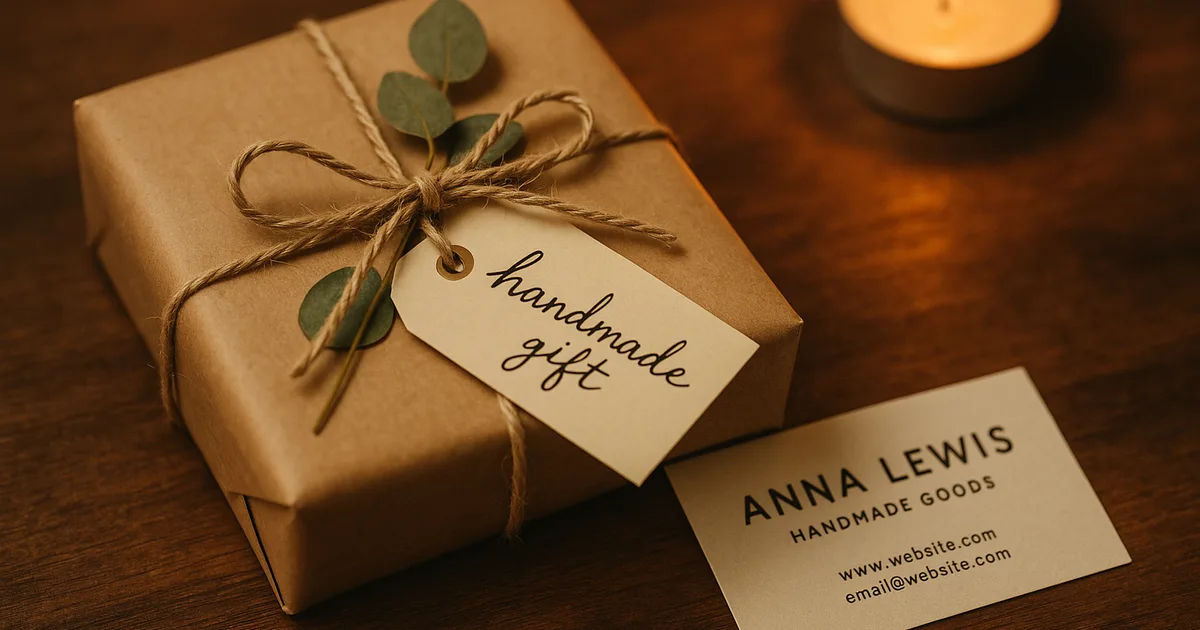 Rankų darbo dovana iš vietinio dizainerio, suvyniota į kraftpopierį su ranka rašytu žymeniu ir paruošta įteikti