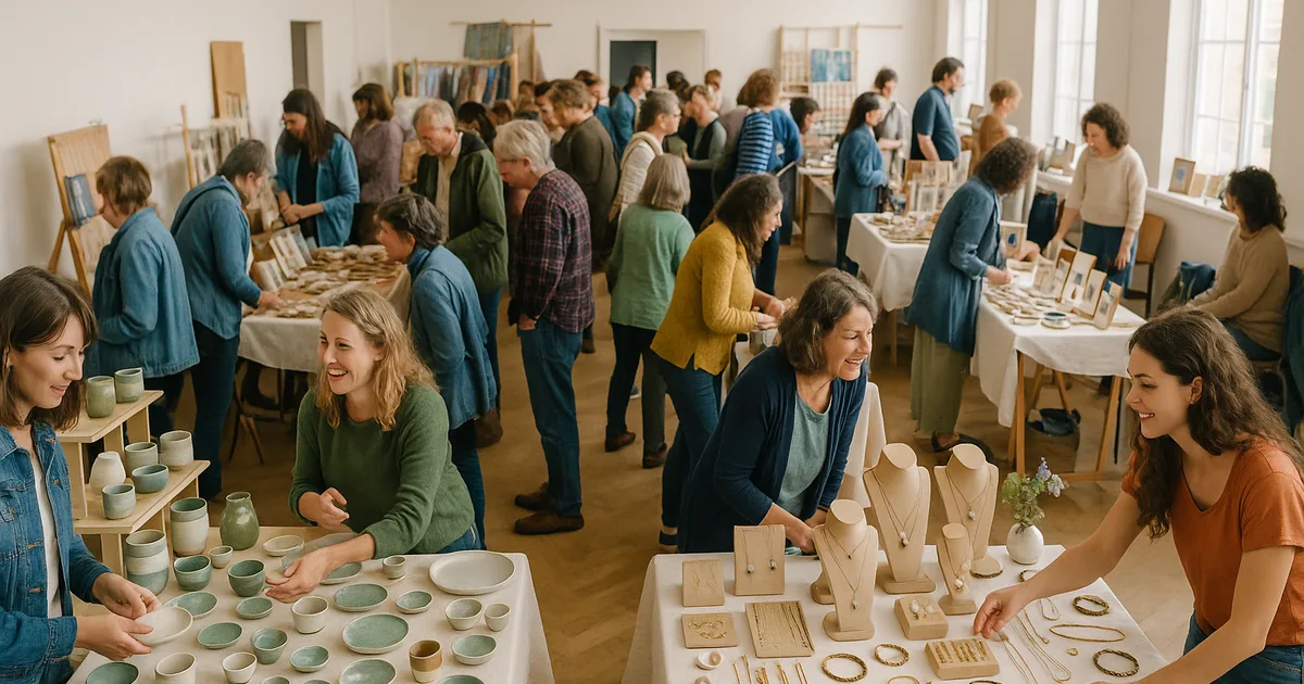 Pirkėjai naršo rankų darbo gaminius vietinėje amatų mugėje, kurioje dizaineriai ir kūrėjai savo unikalias dovanas parduoda tiesiogiai