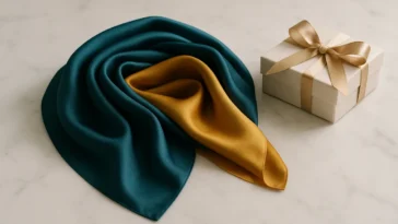 Folded luxury silk scarf in teal and gold beside a ribbon-tied gift box on marble — silk scarf gift styling