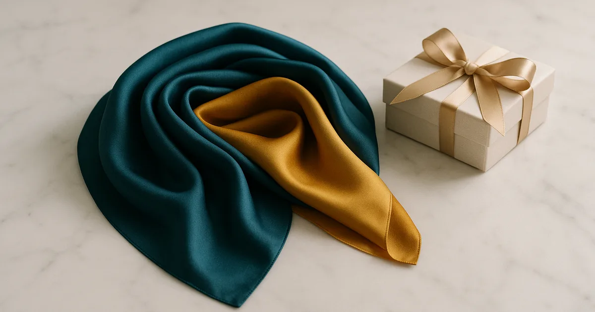 Folded luxury silk scarf in teal and gold beside a ribbon-tied gift box on marble — silk scarf gift styling