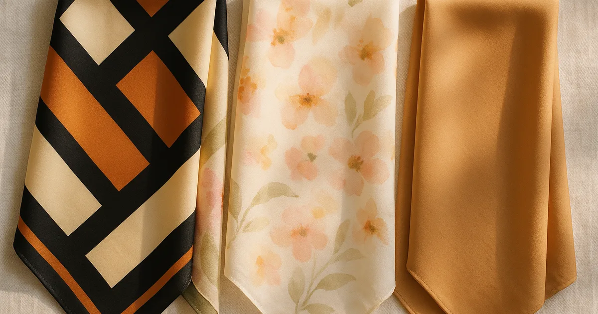 Three silk scarves in different prints — geometric, floral, and tonal — laid flat for comparison as gift options