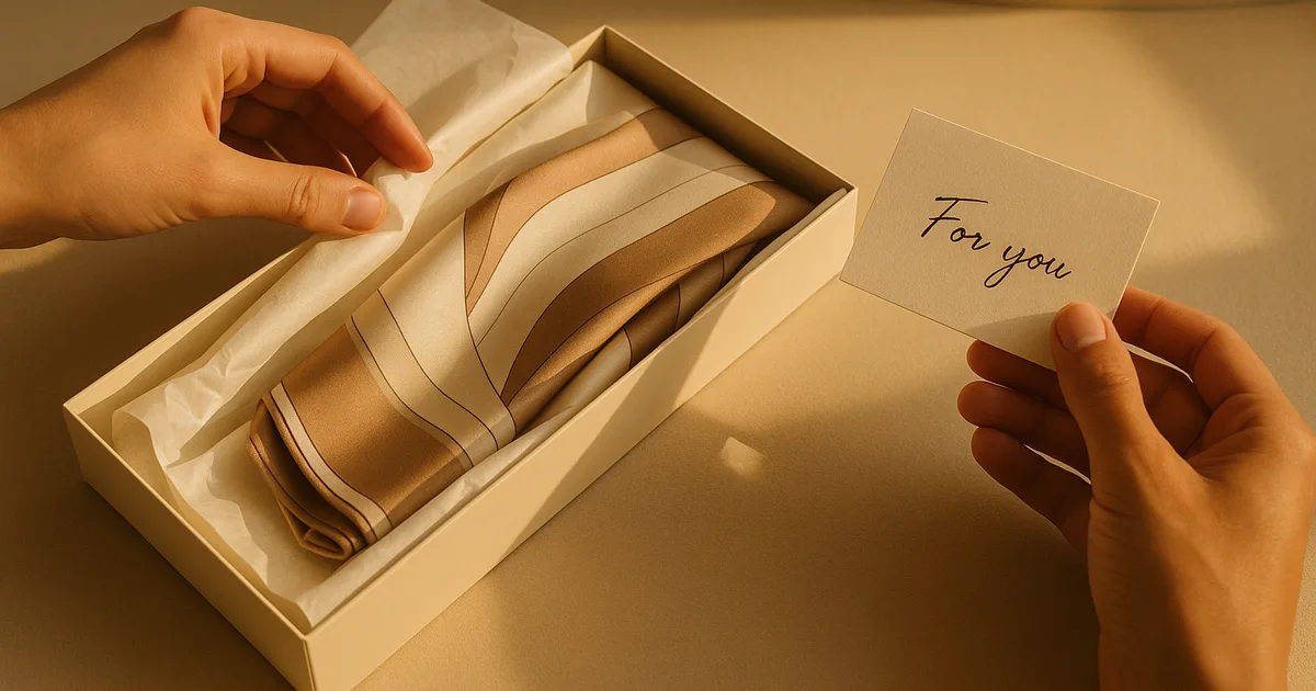 Hands wrapping a silk scarf in tissue paper inside a gift box with a handwritten note — silk scarf gift presentation