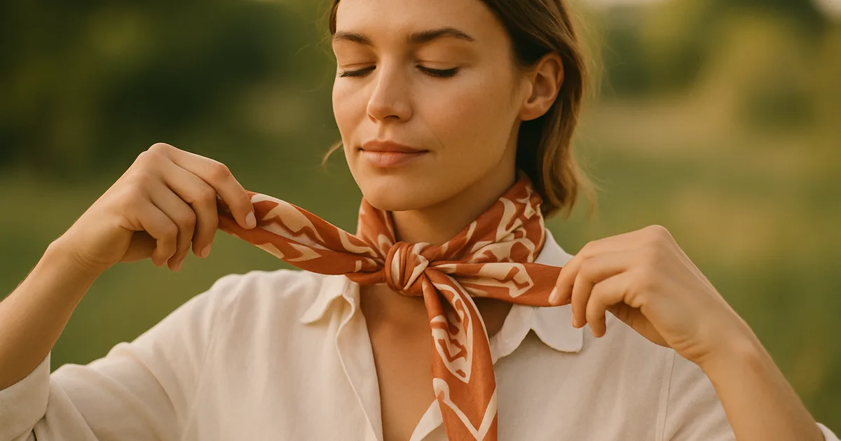 Woman tying a printed silk scarf around her neck outdoors in summer light — silk scarf styling for gifting occasions