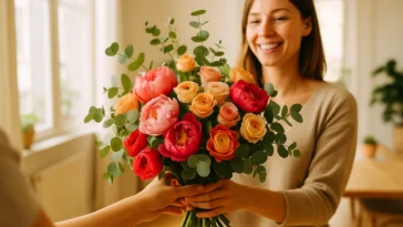 Žmogus dovanoja gėles — ryškią bijūnų ir rožių puokštę, kurią du žmonės perduoda vienas kitam natūralioje šviesoje