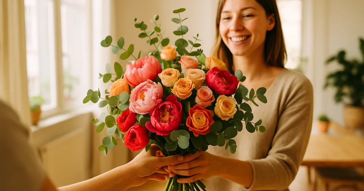 Žmogus dovanoja gėles — ryškią bijūnų ir rožių puokštę, kurią du žmonės perduoda vienas kitam natūralioje šviesoje