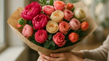 Moteris laikanti ryškią bijūnų ir rožių puokštę — gėlių dovanojimas kaip nuoširdus gestas