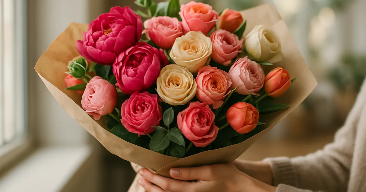 Moteris laikanti ryškią bijūnų ir rožių puokštę — gėlių dovanojimas kaip nuoširdus gestas