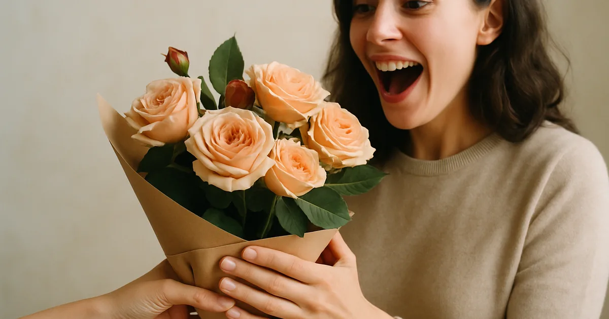 Moteris gauna šviežių rožių puokštę — akimirka, atskleidžianti emocinį gėlių poveikį nuotaikai ir laimei
