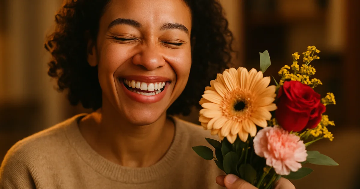 Žmogus šypsosi gavęs gėlių dovaną — momentinis džiaugsmas dovanojant gėles