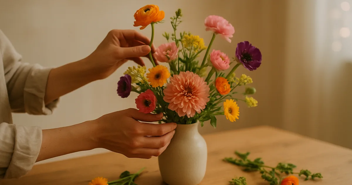 Rankos sudėlioja sezonines gėles į vazą gėlių terapijos užsiėmimo metu — vaizdžiai iliustruojant gėlių teikiamą naudą psichinei gerovei