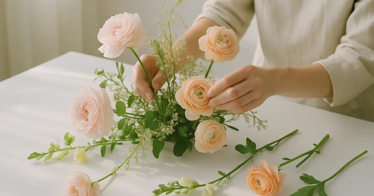 Rankos tvarkančios pastelinių spalvų gėles terapinėje aplinkoje — gėlės ir psichinės gerovės praktika