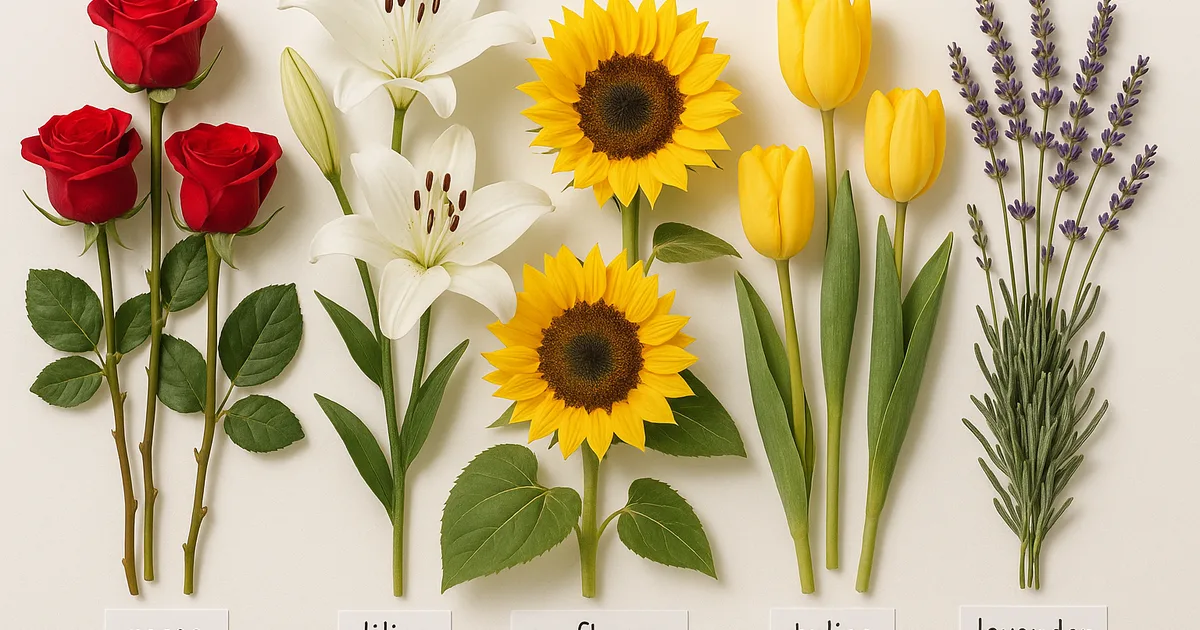 Gėlių, skirtų dovanoti, kompozicija — rožės, lelijos, saulėgrąžos, tulpės ir levanda su simbolinių reikšmių etiketėmis