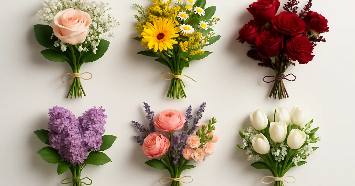 Šešios parinktos gėlių puokštės skirtingoms dovanojimo progoms — rožės, saulėgrąžos, lelijos, tulpės