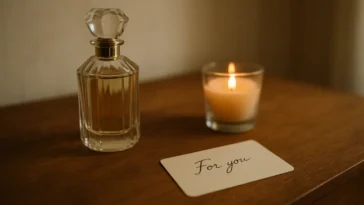 Elegant perfume bottle and candle arranged as scent and memory gifts on a warm-lit wooden table