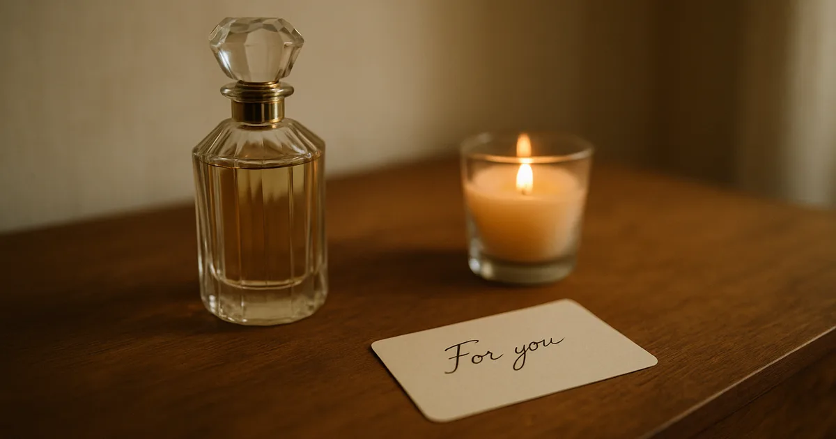 Elegant perfume bottle and candle arranged as scent and memory gifts on a warm-lit wooden table