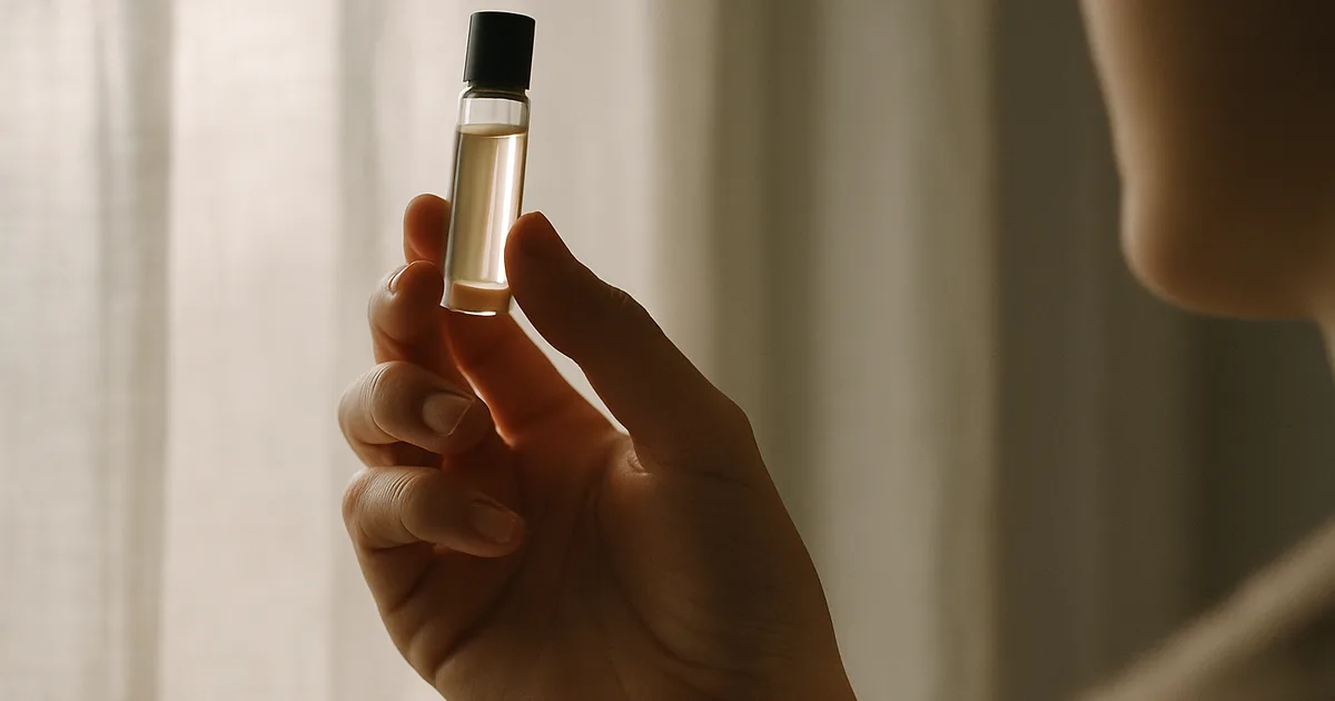 Hand holding a glass perfume vial in natural light, representing the personal nature of scent and memory gifts