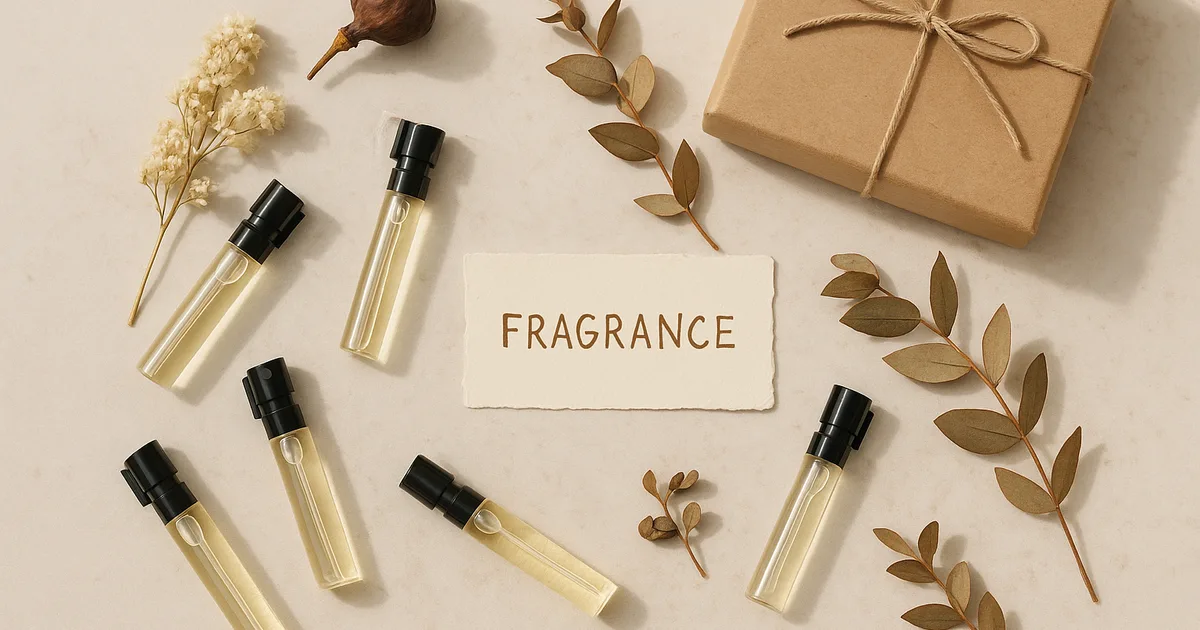 Flat-lay of fragrance vials and botanicals arranged as a personalised scent gift set on stone surface