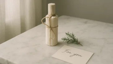 Elegantly wrapped perfume gift bottle on marble with handwritten note — perfume gifting editorial