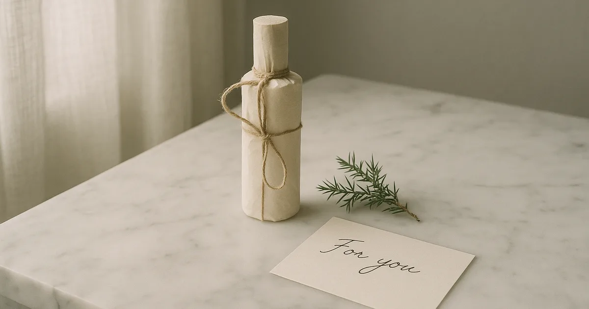 Elegantly wrapped perfume gift bottle on marble with handwritten note — perfume gifting editorial