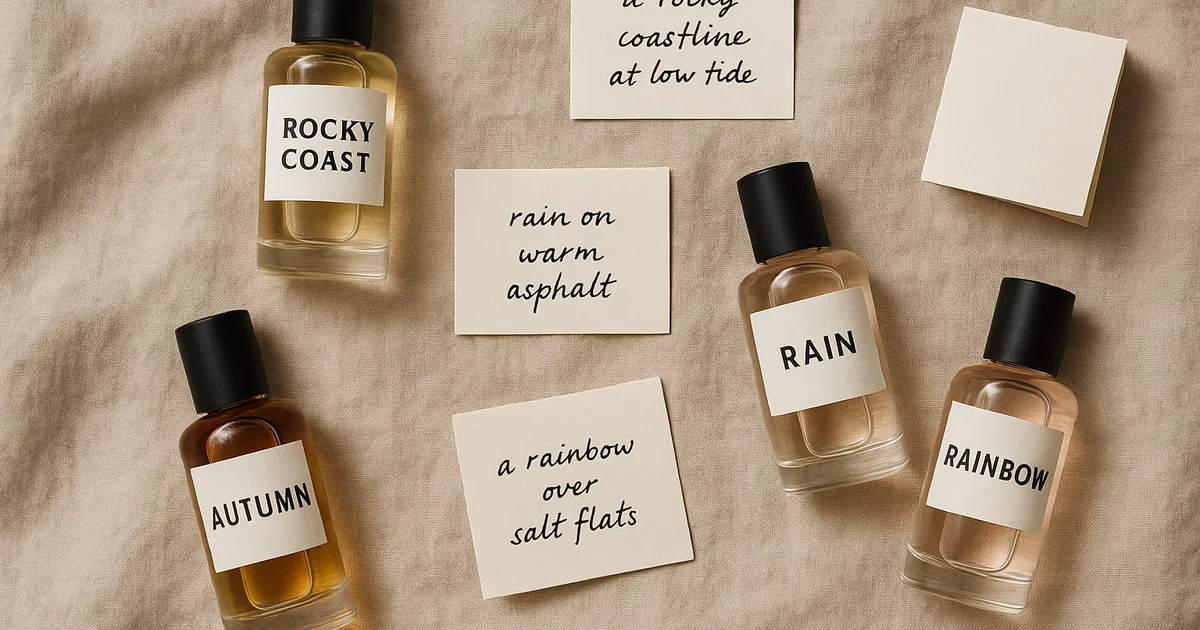 Niche perfume bottles with story cards arranged on linen — narrative fragrance gifting collection