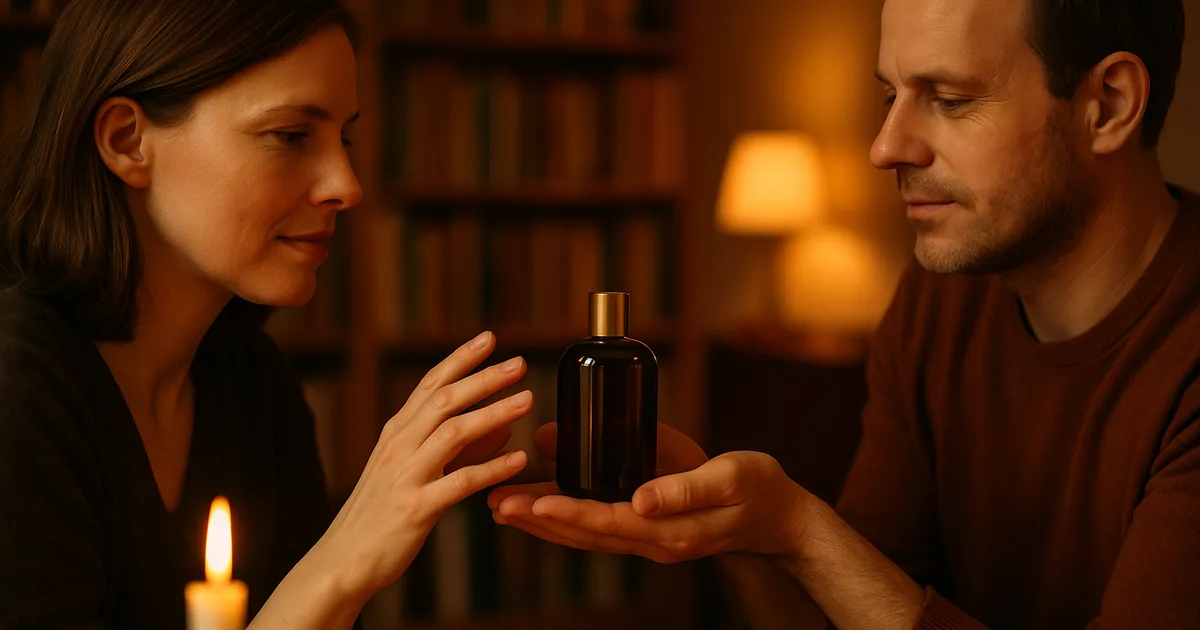 Person handing a niche perfume bottle as a gift in a warm candlelit room — perfume gifting moment