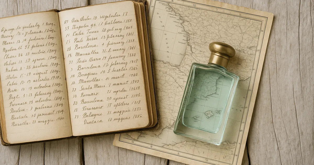 Vintage journal, nautical map, and perfume bottle on pale wood — scent story and perfume gifting