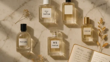 Flat lay of story-driven perfumes on marble with botanicals and journal — unique fragrance gifting