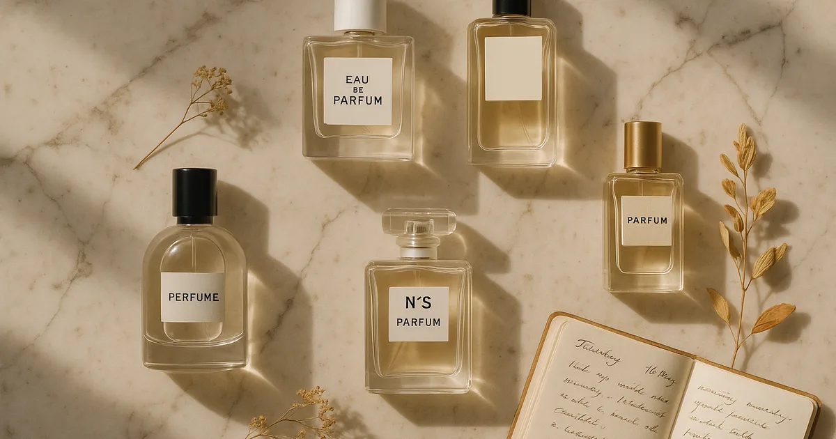 Flat lay of story-driven perfumes on marble with botanicals and journal — unique fragrance gifting