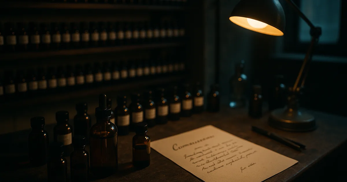 Perfumer's studio workbench with ingredient vials and handwritten notes for a bespoke story-driven perfume commission