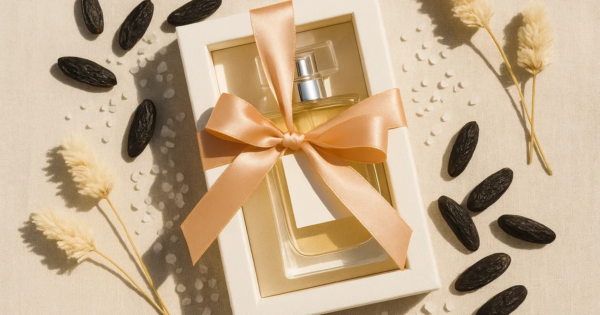 Luxury perfume gift box with tonka beans and sea salt styling for a gourmand fragrance gifting editorial