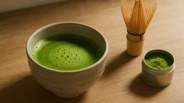 Frothy ceremonial matcha tea in a ceramic chawan bowl with bamboo whisk and matcha powder tin
