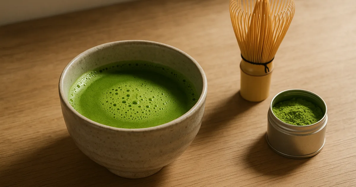 Frothy ceremonial matcha tea in a ceramic chawan bowl with bamboo whisk and matcha powder tin