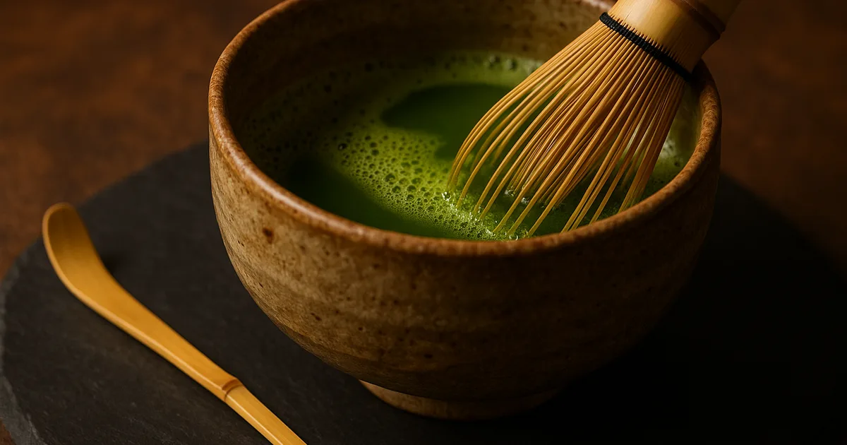 Traditional Japanese matcha tea ceremony tools including chawan bowl, chasen whisk, and chashaku scoop on slate