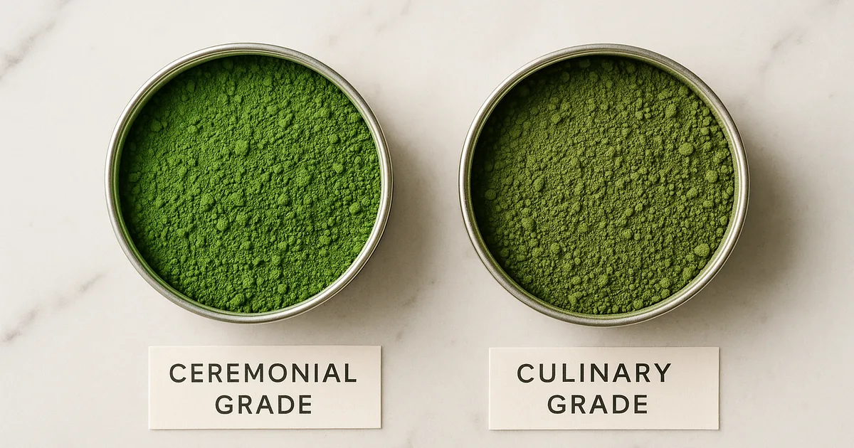 Side-by-side comparison of ceremonial grade vs culinary grade matcha powder in open tins on white marble