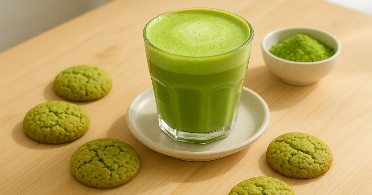 Matcha latte in a glass cup with matcha cookies and matcha powder on a wooden café table