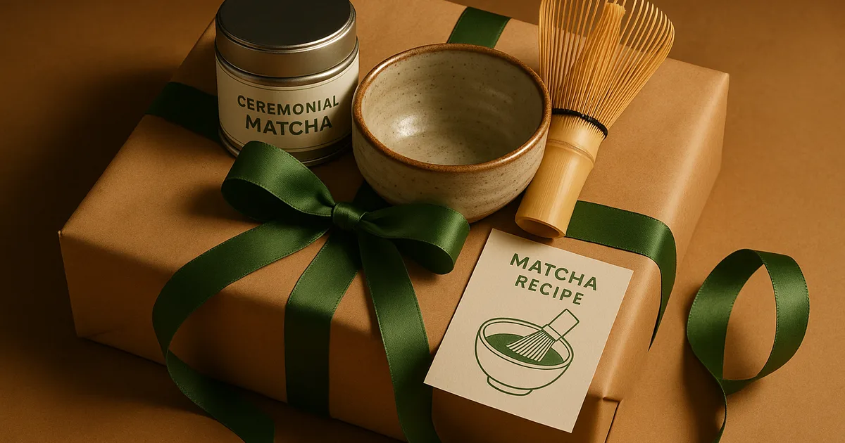 Matcha tea gift set with ceremonial matcha tin, ceramic chawan bowl, bamboo whisk and recipe card on craft paper