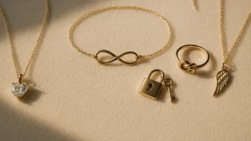 Flat-lay of love jewellery symbols including heart necklace, infinity bracelet, and love knot ring on ivory velvet