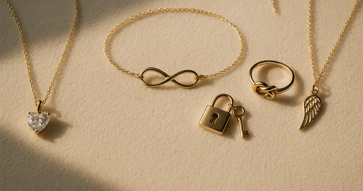 Flat-lay of love jewellery symbols including heart necklace, infinity bracelet, and love knot ring on ivory velvet