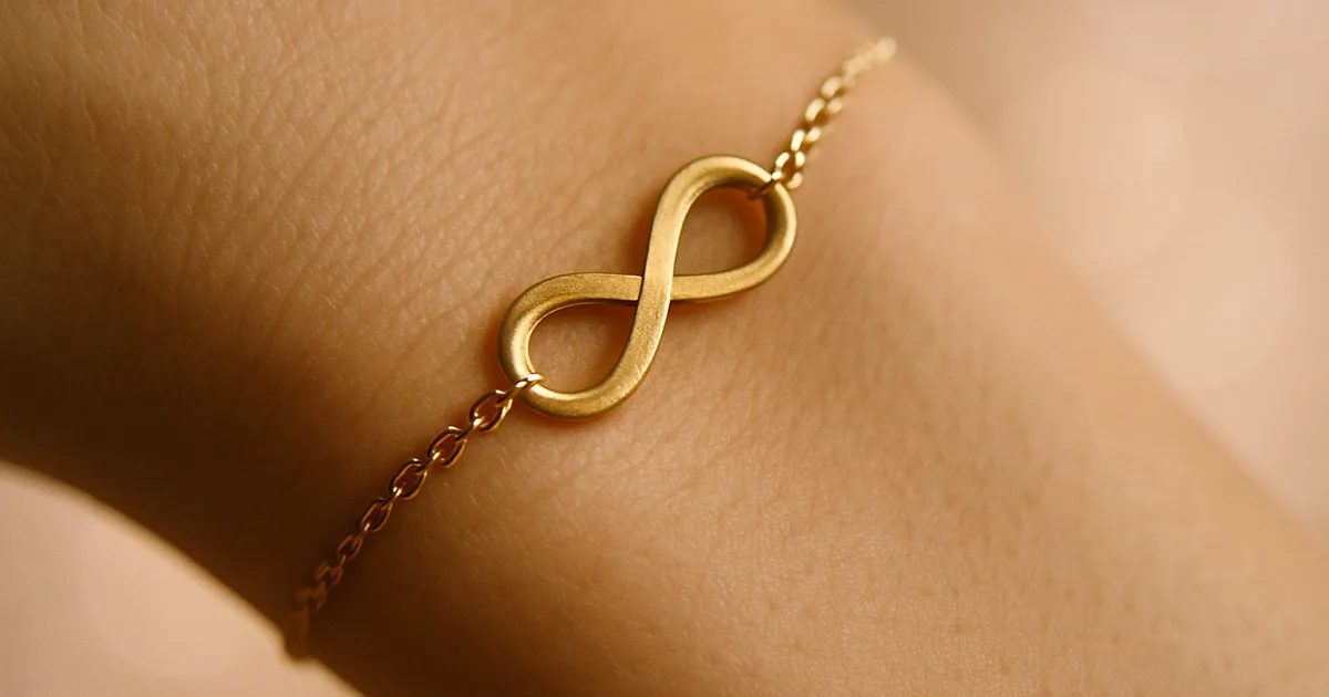Gold infinity symbol bracelet on a woman's wrist — a popular love jewellery symbol for couples and friends